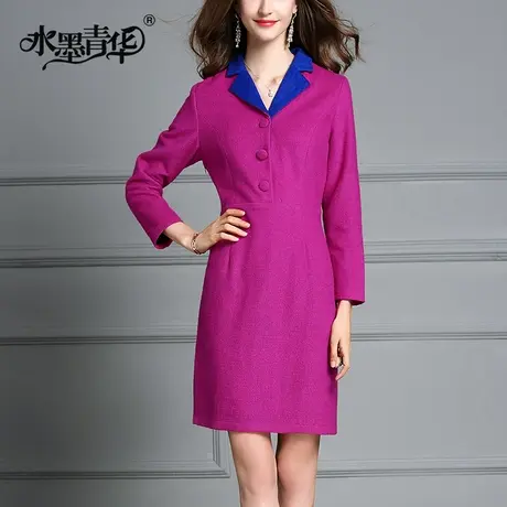 【1件7.9折】冬新款简约时尚百搭修身优雅收腰毛呢连衣裙女图片