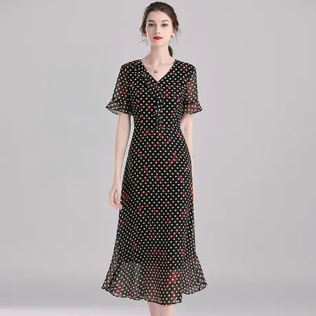 【1件7.9折】短袖女中长款连衣裙夏季新款连身裙收腰显瘦印花裙子商品大图