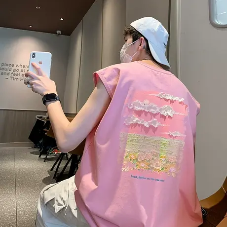 油画印花背心男夏季纯棉上衣ins情侣砍袖oversize美式高街无袖T恤商品大图
