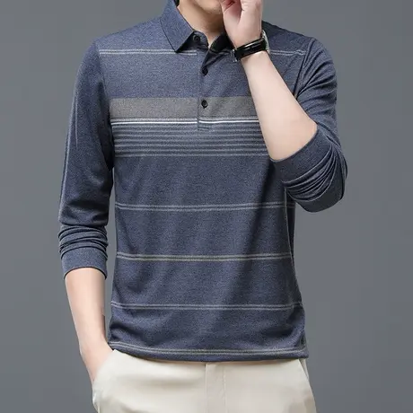 条纹秋季长袖男士t恤潮流商务休闲冰丝垂感翻领Polo衫爸爸装上衣商品大图