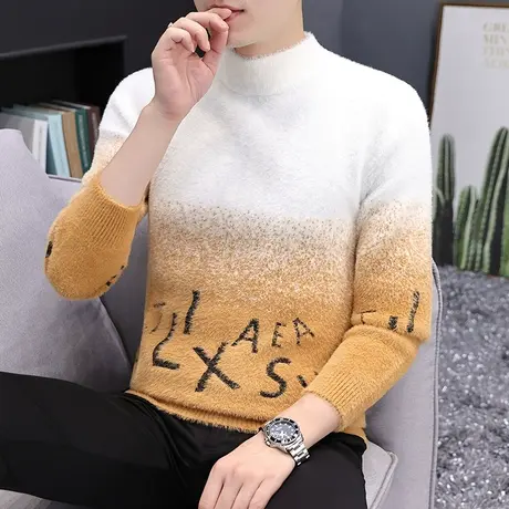 半高领水貂绒毛衣男士秋冬季羊绒衫加厚打底针织衫保暖上衣服秋衣商品大图