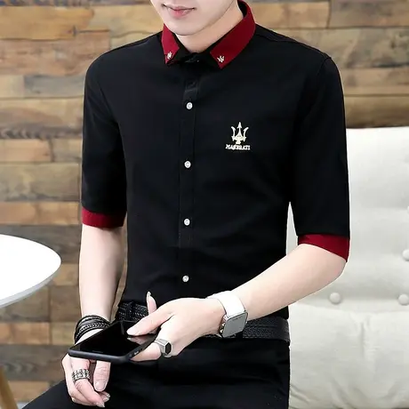 刺绣短袖衬衫男士夏季韩版修身七分袖时尚男装潮流半中袖帅气衬衣商品大图