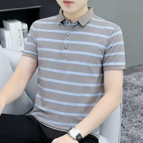 男士短袖条纹polo衫翻领t恤有领商务灰色保罗上衣服夏季冰丝半袖商品大图