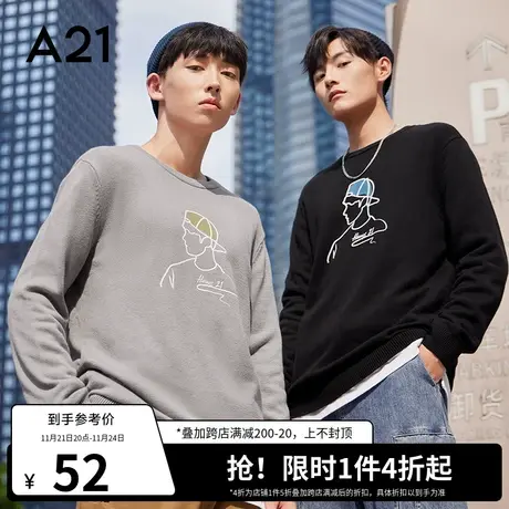 A21outlets秋季针织衫男装宽松圆领情侣休闲潮牌男士印花女生毛衣图片