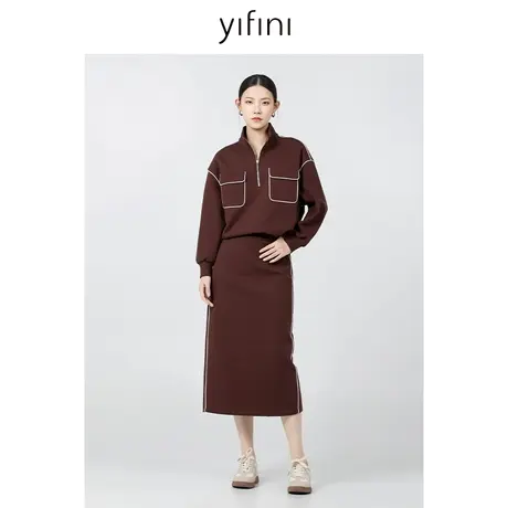 Yifini/易菲后开叉直筒美拉德半身裙女秋季新款通勤一步裙图片