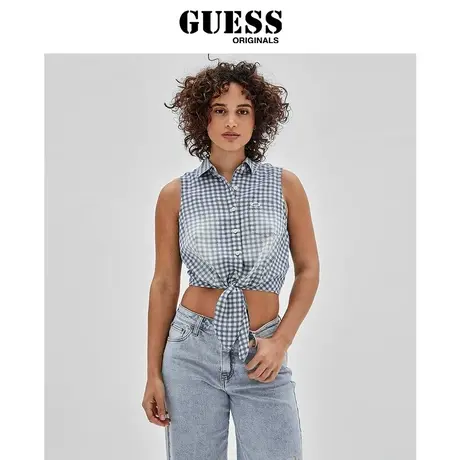 【38上新季】GUESS Originals 新女撞色格纹短款系带收腰衬衫商品大图