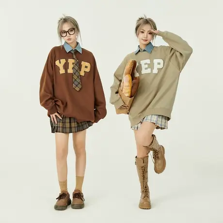 yep插肩袖美式复古卫衣女春秋oversize宽松ins潮牌圆领外套情侣装图片