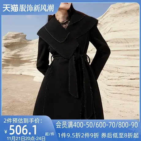 AUI黑色赫本风设计感毛呢外套女2024冬新款高级小众修身呢子大衣图片