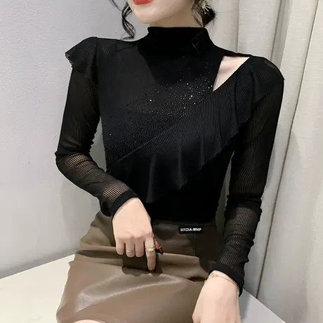 性感网纱T恤女洋气荷叶边长袖心机镂空上衣内搭半高领打底衫秋装商品大图