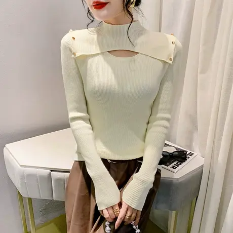 性感镂空毛衣女长袖气质减龄半高领套头上衣秋冬新款修身针织衫商品大图