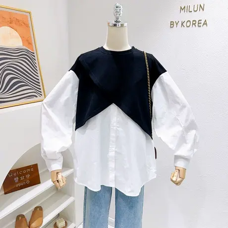 韩代同款2023早秋季法式气质上衣针织拼接灯笼袖衬衫遮肚子肉梨形图片