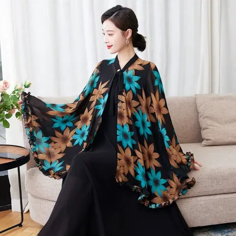 新款碎花雪纺开衫夏季薄款防晒衣女骑车开车防晒斗篷披肩超仙减龄图片