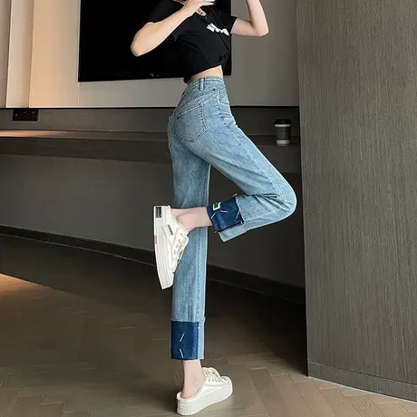 直筒牛仔裤女翻边2024年春秋新款高腰复古显瘦ins百搭九分烟管裤商品大图