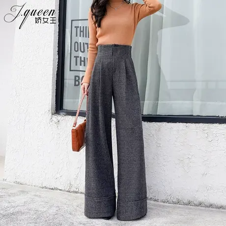 毛呢阔腿裤女高腰冬季新款复古宽松时尚洋气直筒裤垂感拖地甩裤子商品大图