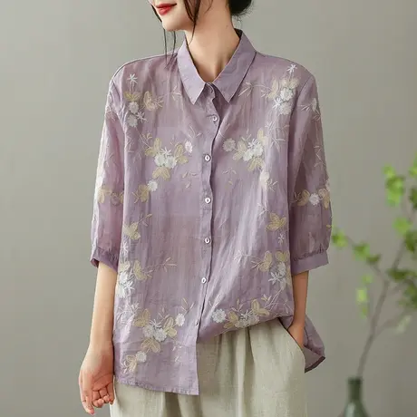 dza 复古绣花苎麻衬衫女2023夏薄款翻领衬衣减龄显瘦棉麻开衫上衣商品大图