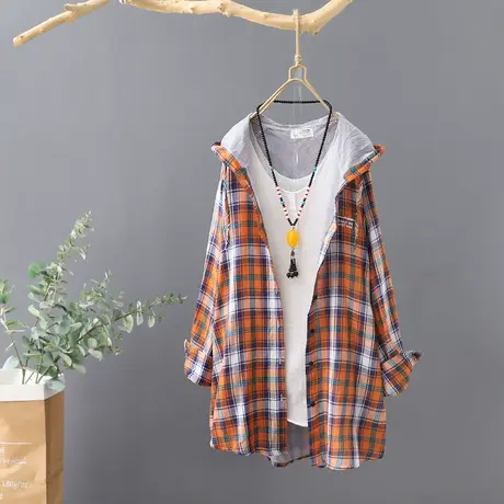 秋装新款韩范中长款连帽长袖格子衬衫女宽松百搭外套上衣休闲开衫商品大图