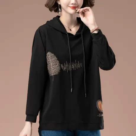 连帽卫衣女春秋新款加肥加大码女装宽松纯棉刺绣百搭遮肚显瘦外套商品大图