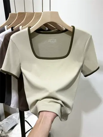 欧货百搭撞色方领短袖T恤女2023夏新款修身弧形下摆体恤小衫上衣商品大图