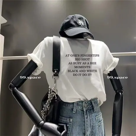 宽松t恤短袖女夏季白色正肩百搭上衣服小众设计感花朵印花高级感商品大图