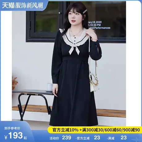 2024春装新款蝴蝶结翻领垂坠感连衣裙A字收腰显瘦胖妹妹大码长裙商品大图