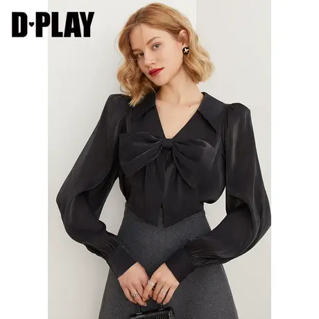 DPLAY新款法式复古经典黑定制鎏光纱蝴蝶结装饰套头衬衫商品大图