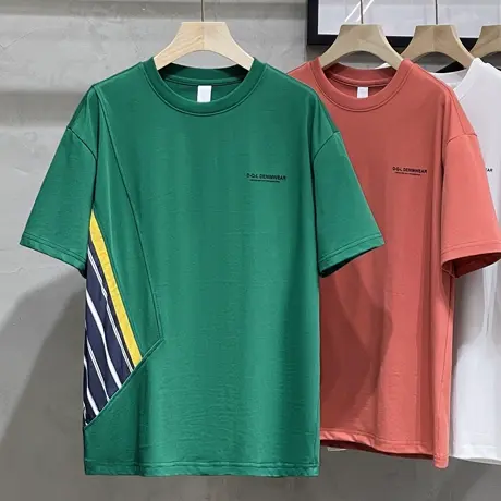 拼接t恤男潮牌ins韩版简约字母印花体恤修身男士短袖2023新款潮流商品大图