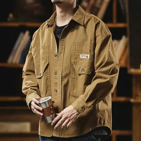 精梳棉工装衬衣时尚休闲男士外套春秋复古轻磨毛洗退潮流外套男商品大图