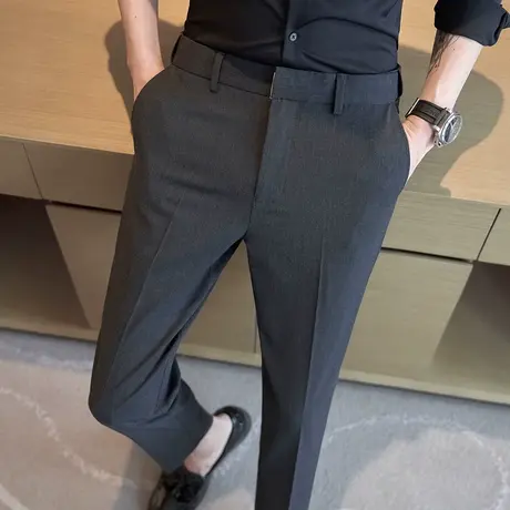 男士休闲裤春夏季潮流商务直筒西裤宽松免烫黑色帅气九分长裤子男商品大图