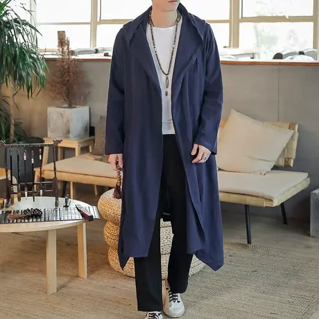 中国风秋冬亚麻开衫外套中式汉服宽松长款连帽风衣披风长袍男装图片