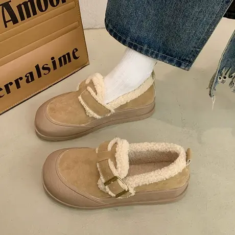 勃肯豆豆鞋女2023新款秋冬厚底一脚蹬乐福棉鞋加绒复古博肯毛毛鞋商品大图