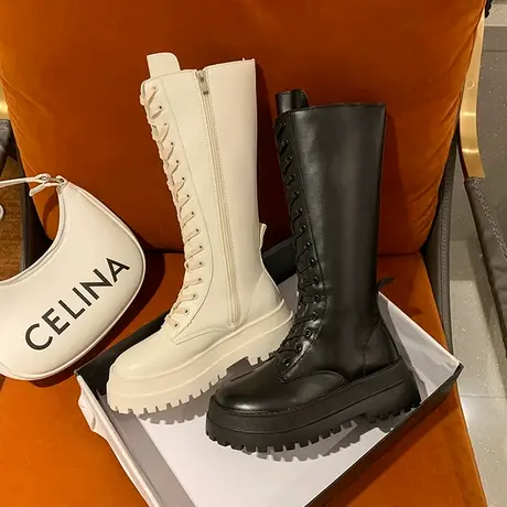 骑士靴女2024新款秋冬厚底小个子中长筒加绒马丁靴高筒白色机车靴图片