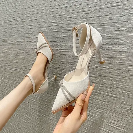 一字带尖头水钻高跟鞋女细跟2024年春夏新款性感少女气质职业单鞋图片