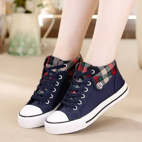 2024春秋季新款高帮帆布鞋女鞋韩版百搭女休闲学生格子布鞋潮鞋子商品大图