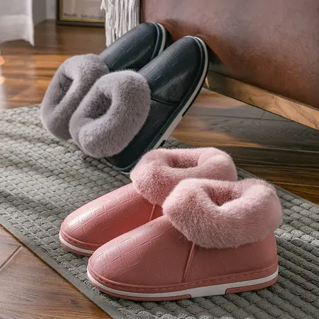 PU皮面防水棉拖鞋女包跟冬季厚底室内防滑可外穿加绒保暖情侣棉鞋图片