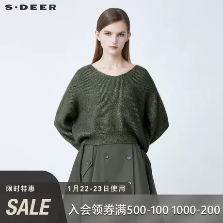 sdeer圣迪奥2021秋冬新品V领撞色罗纹短款宽松针织毛衣S21483524🛋商品大图