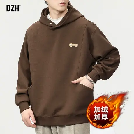 男士咖啡色加绒加厚卫衣男秋冬款连帽2023年新款衣服男款美式上衣图片