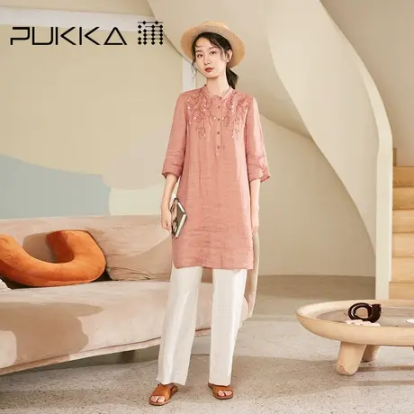 蒲PUKKA商场同款女装苎麻衬衫2023夏装新款中长款设计感衬衣女图片