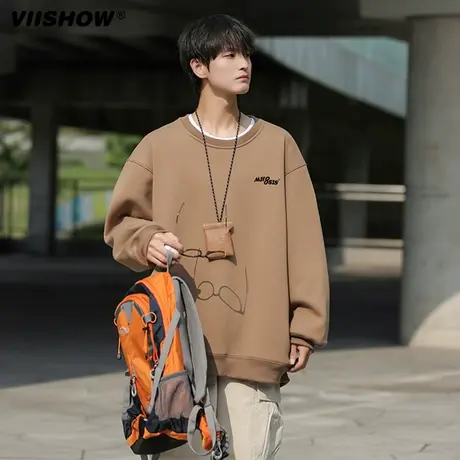 VIISHOW卫衣男春秋冬季男生纯色无帽落肩宽松休闲圆领上衣打底衫商品大图