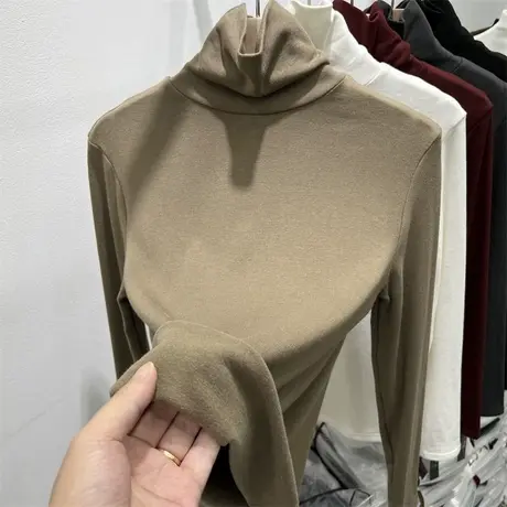 德绒堆堆领长袖T恤女冬季2024新款加绒加厚内搭修身打底衫上衣服商品大图