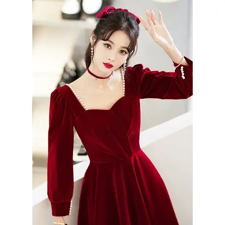 长袖敬酒服新娘2024新款秋冬季小个子结婚订婚回门礼服丝绒连衣裙图片