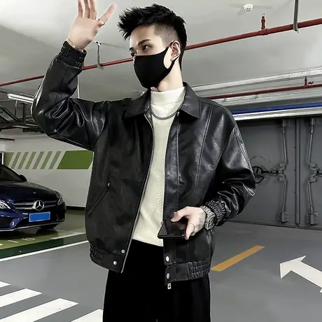 宽松痞帅皮衣外套男春季2024新款潮牌工装翻领皮夹克机车重磅上衣图片