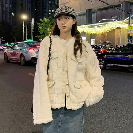唐狮2023冬季新款小香风仿羊羔毛外套女短款白色小个子毛毛外套厚商品大图