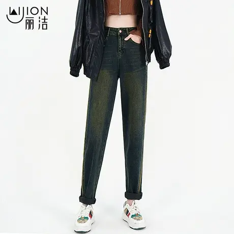 薄绒牛仔裤女秋冬季2024春季新款复古高腰宽松哈伦直筒老爹裤子图片