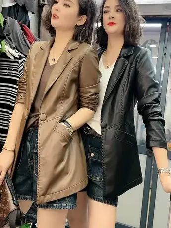 咖色PU皮中长款外套女2024春秋欧货新款高级感时尚大气西装领皮衣图片