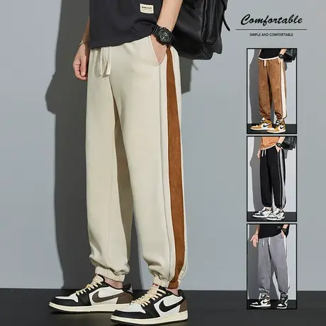 春秋款侧边条纹男生麂皮绒束脚休闲裤秋季男士潮牌痞帅气卫裤秋天商品大图