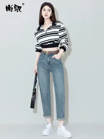 怀旧蓝弹力高腰牛仔垮裤2024年春季新款遮肉显瘦老爹裤百搭女裤子图片