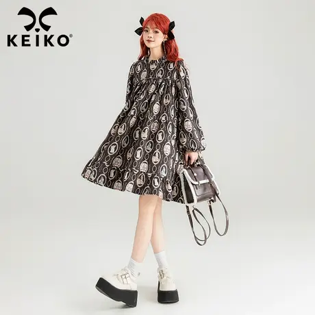 KEIKO 法式复古印花连衣裙2024春夏洋气木耳边灯笼袖A字娃娃裙子图片