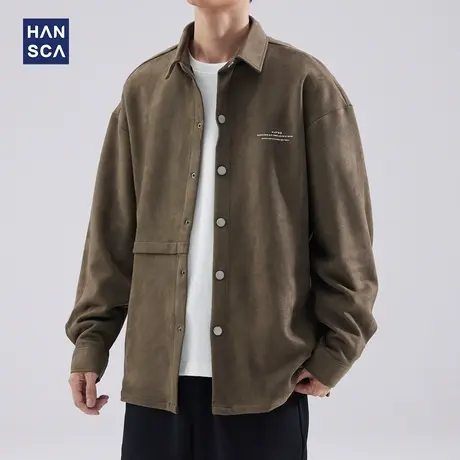 hansca麂皮绒衬衫长袖男秋冬款美式复古宽松休闲运动大码开衫外套商品大图