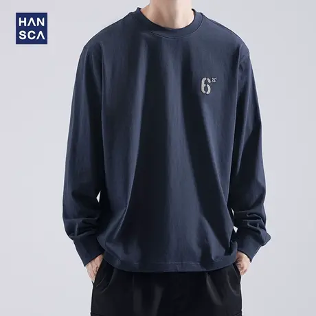 hansca 美式休闲长袖t恤男士秋季潮牌复古宽松刺绣圆领纯棉打底衫商品大图
