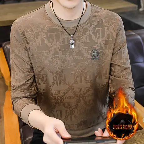 2023秋冬新款男士加绒加厚长袖T恤衫加肥加大码宽松卫衣打底小衫图片